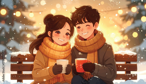 Cozy winter moment: Couple sipping hot drinks in the snow. Romantic winter scene: Couple with mugs in a snowy landscape. Winter warmth: Couple enjoying hot drinks in a snowy park