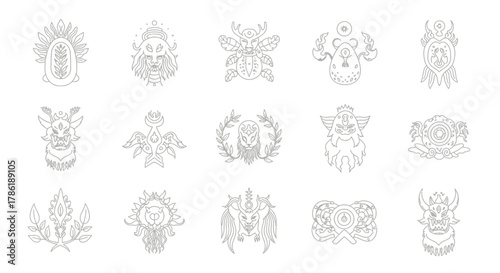 Collection of mystical glyphs and ancient symbols evoking esoteric knowledge and mythical figures