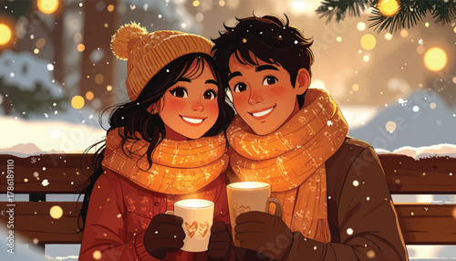 Couple smiling warmly with coffee mugs in a snowy winter setting. Winter romance: Couple sharing a cozy moment with coffee mugs. Happy couple sipping coffee together in a snowy, festive atmosphere