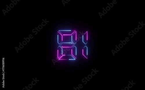 Illuminated neon numbers thirty one with blue and pink outlines on a black background display design