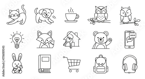 Diverse icons collection featuring animals, objects and symbols in outline style illustration
