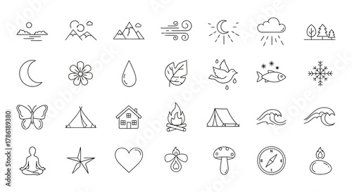 Diverse collection of nature and lifestyle icons showcasing minimalist design trends