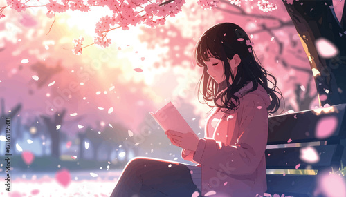 Close-up of a girl reading a book under blooming cherry blossoms. Serene spring reading: Girl immersed in a book under cherry trees. Young woman reading beneath pink cherry blossoms in a quiet park
