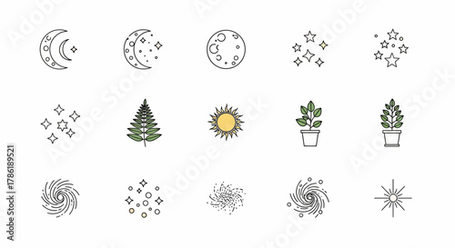 Set of whimsical nature and celestial icons, perfect for a variety of creative applications and