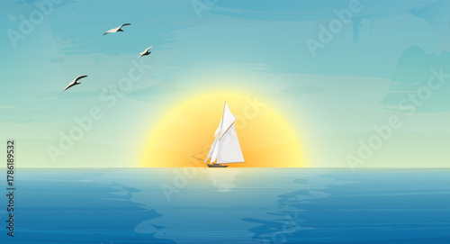  Sailing ship and seagulls in the morning sun on a calm sea. Vector background.