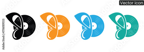 Captivating music note and vinyl record icons in bold colors, perfect for representing audio, creativity, and timeless sound experiences. Elevate your projects with this dynamic set.