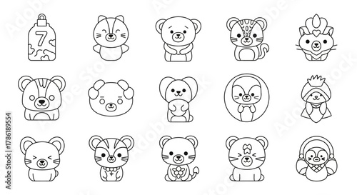 Playful collection of monochrome kawaii animals for coloring pages and children's illustrations