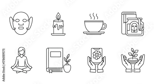 Collection of wellness and self-care line art icons illustrating healthy lifestyle