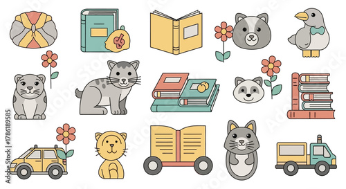 Collection of whimsical animal illustrations and education related objects for children