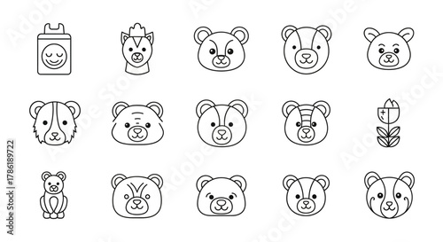 Collection of adorable bear head illustrations in outline style suitable for decoration and design