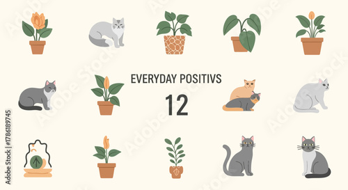 Whimsical illustration featuring twelve delightful cats and potted plants in a charming pattern
