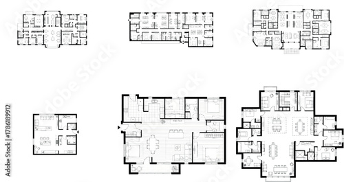 Set of six distinct architectural floor plans for homes