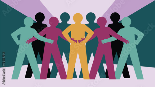 Diverse team unites with leader at center, symbolizing collaboration, unity, and collective strength for impactful business success.