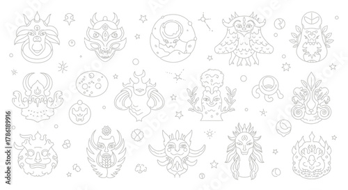 Outline illustrations of mythical creatures and celestial bodies, suitable for fantasy coloring