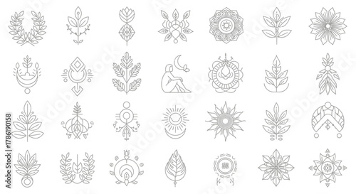 Collection of esoteric line art icons and symbols displaying nature and celestial themes