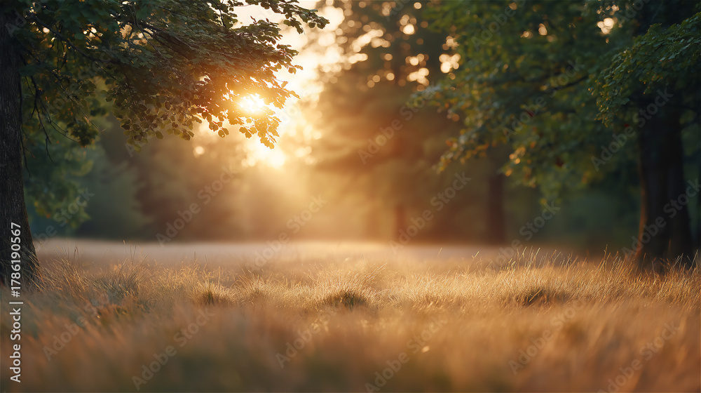 Fototapeta premium Sunlight filtering through trees onto golden grass field, symbolizing peace, nature and serene morning landscape.