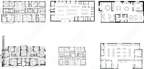 Collection of six different architectural floor plans