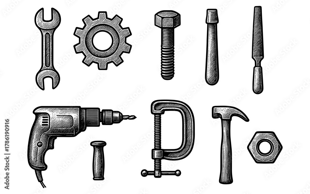 Fototapeta premium Vintage engraving style hand tools collection on white background