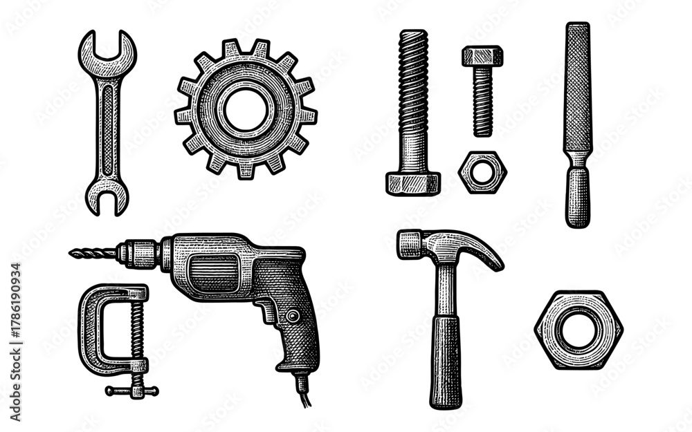 Obraz premium Vintage engraved tools and hardware set featuring drill, hammer, and wrench