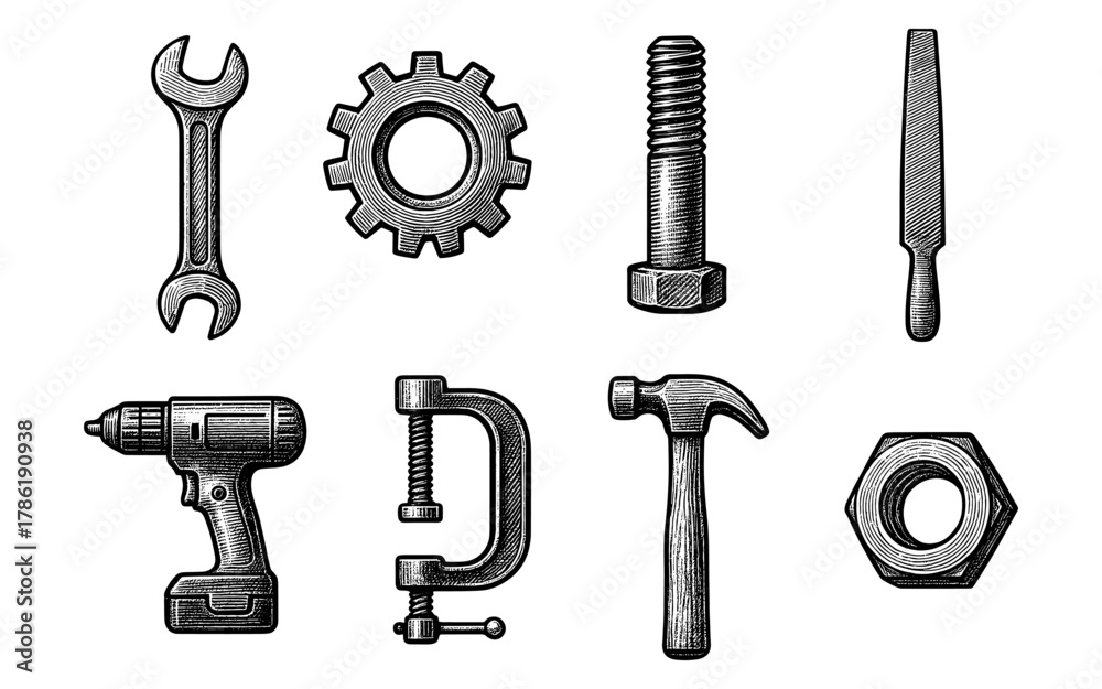 Fototapeta premium Vintage hand-drawn tool set featuring classic hardware and construction elements