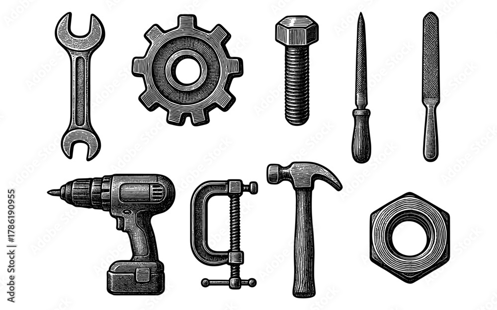 Fototapeta premium Vintage engraving style tool set featuring hammer, wrench, gear, and drill