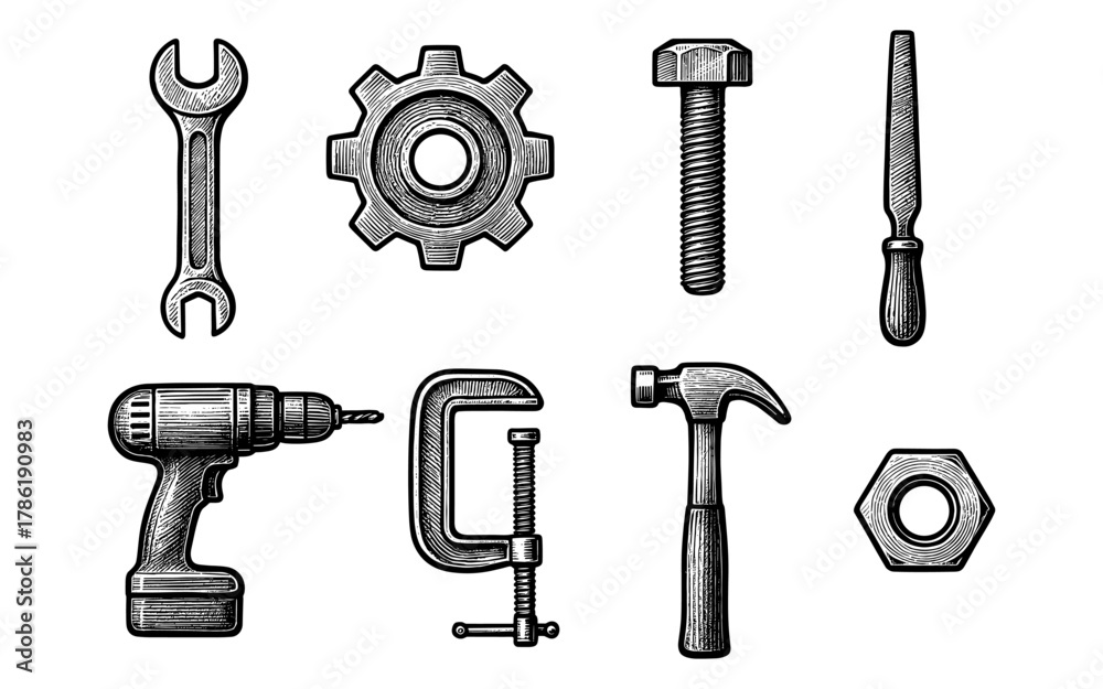 Fototapeta premium Vintage engraved tools collection: hammer, drill, bolt, gear, and more in retro style