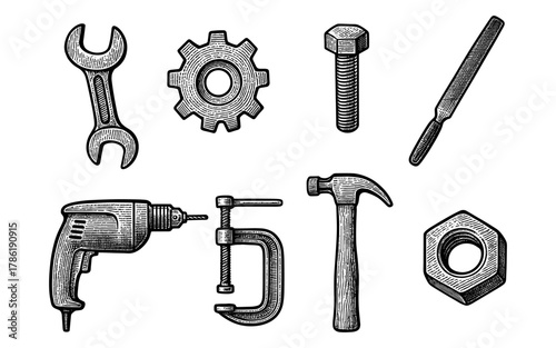 Vintage hand-drawn tools: spanner, gear, drill, bolt, and hammer set on white
