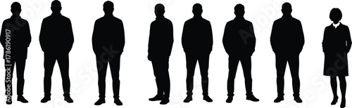 Silhouette business team standing together, men and woman in formal attire, diversity, leadership, teamwork, equality, corporate unity, professional concept