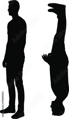 Two human silhouettes illustration, standing and upside down figure design, black profile artwork, posture balance concept, modern body outline graphic