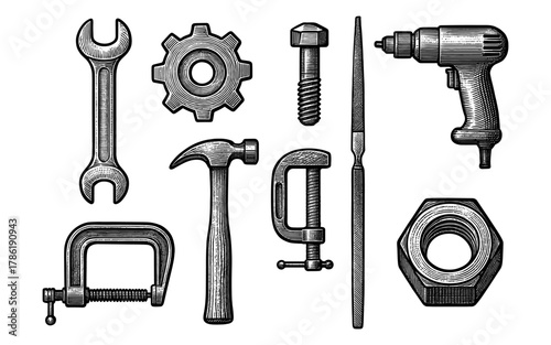 Vintage engraved tool set featuring hammer, wrench, and drill