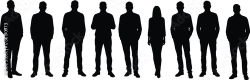 Silhouette group of diverse people standing together, men and woman in row, unity, diversity, teamwork, anonymity, identity, social concept