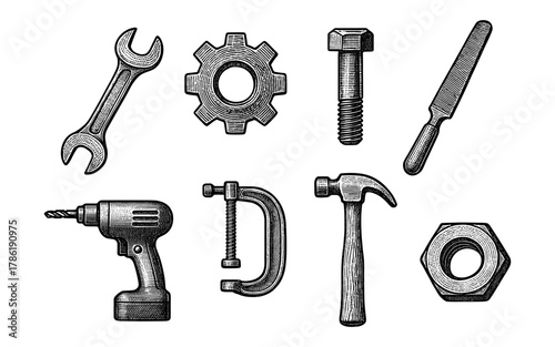 Hand-drawn vintage tool set with wrench, hammer, drill, and more for diy and workshop projects