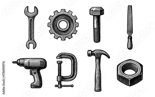 Vintage hand-drawn tools collection featuring wrench, gear, and hammer