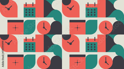 Dynamic pattern of clocks and calendars in vibrant retro colors, perfect for business and time management themes