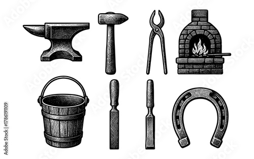 Vintage blacksmith tools with engraved art style including anvil, forge, and horseshoe