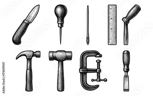 Vintage engraved hand tools collection with knives hammers and more