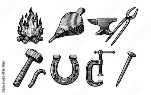 Hand drawn blacksmith tools set with vintage fire, anvil, and horseshoe
