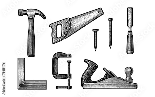 Vintage woodworking tools set with hammer, saw, and chisel in detailed engraving style