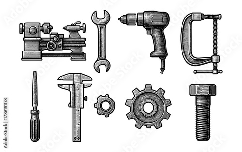 Vintage engraving style mechanical tools collection with detailed hand drawn design