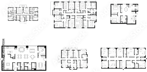 Compilation of six diverse architectural floor plans