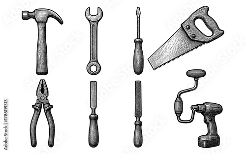 Vintage hand drawn tools set: hammer, wrench, screwdriver, saw, pliers, file, drill