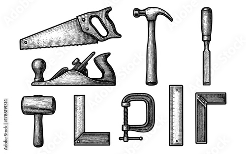 Vintage hand tools set with detailed engravings for carpentry