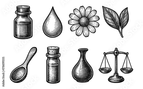 Vintage herbal elements: potions, herbs, and natural remedies in detailed hand-drawn style