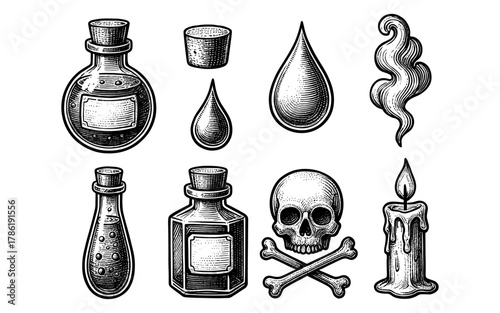 Vintage potion and alchemy elements with skull and candle in engraved style