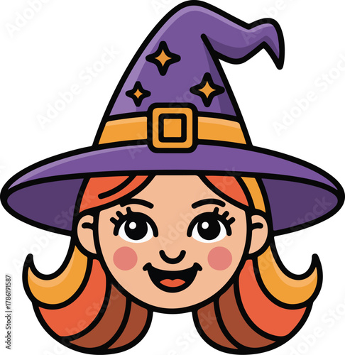 Cartoon witch face vector illustration with purple hat and orange hair for Halloween celebrations