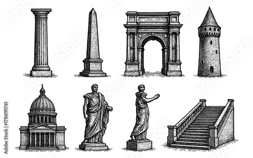 Detailed vintage architectural elements collection in black and white