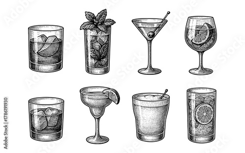 Hand drawn vintage cocktail collection: classic drinks with ice and garnishes