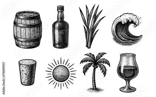 Hand drawn rum icon set with barrel, bottle, and tropical elements
