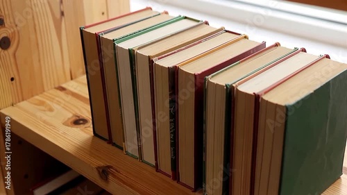Hands Arranging Books on a Wooden Shelf