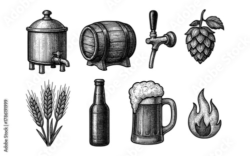 Vintage brewery elements with beer, hops, and barley in engraved style